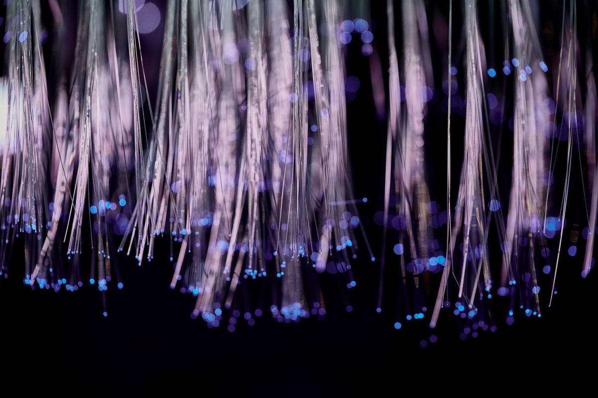 Glowing fibre-optic strands carrying light, the backbone of the internet