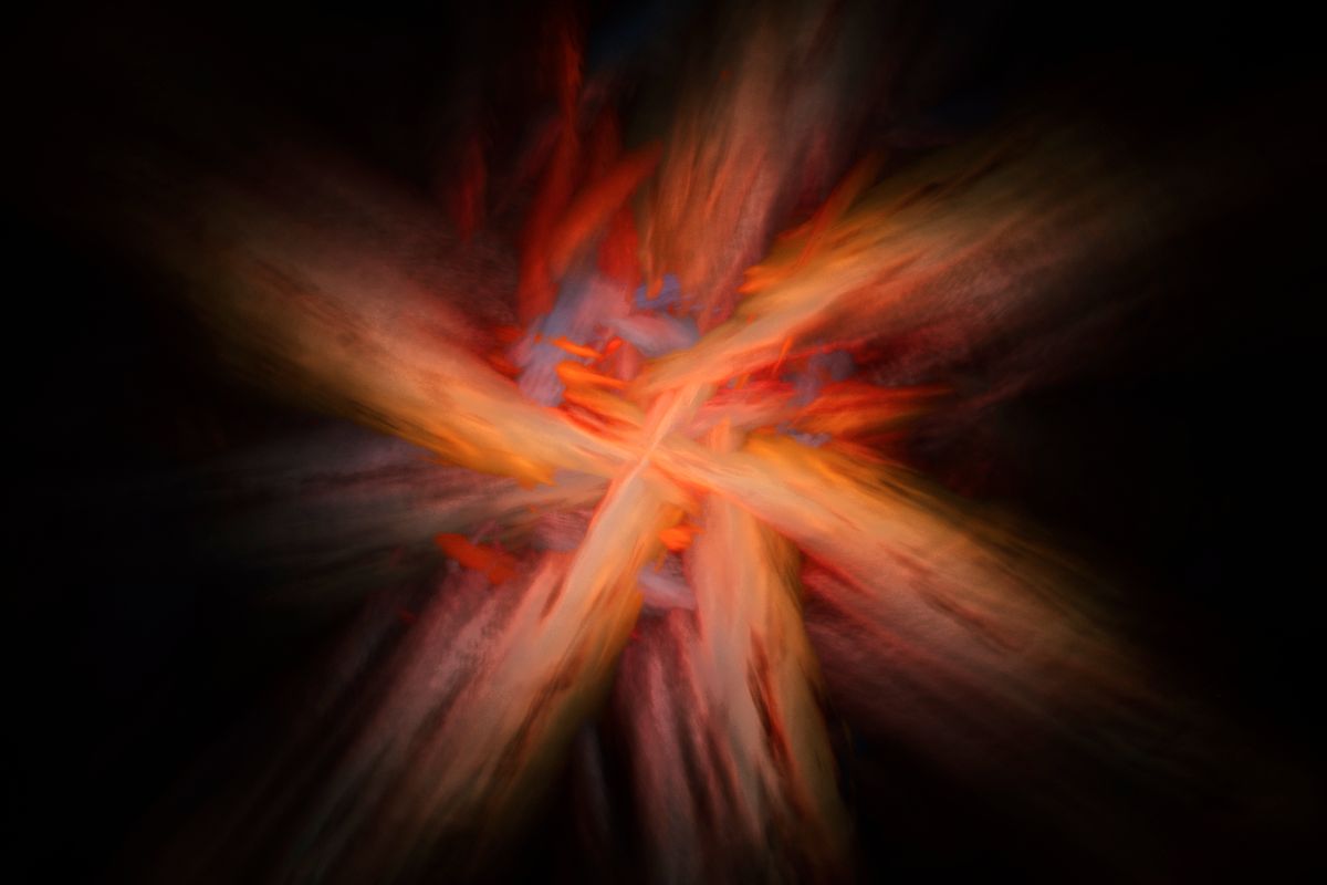 An abstract cosmic explosion, evoking how light was made in the Big Bang